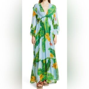 Women’s Farm Rio Fresh Bananas Maxi Dress, Butterfly Sleeves, Size Medium, NWT